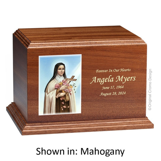 Catholic cremation urn with Mystical Rose  Wood finish by Cromo NB