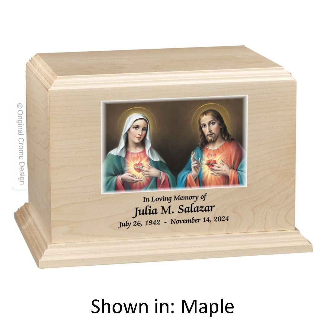 Catholic cremation urn with Sacred Heart of Jesus  Wood finish by Cromo NB