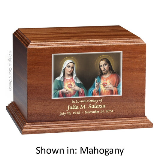Catholic cremation urn with Sacred Heart of Jesus  Wood finish by Cromo NB