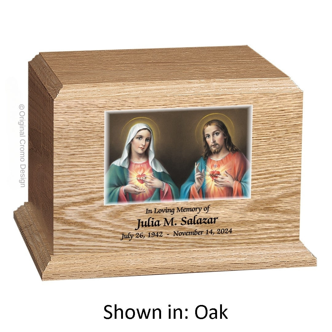 Catholic cremation urn with Mystical Rose  Wood finish by Cromo NB
