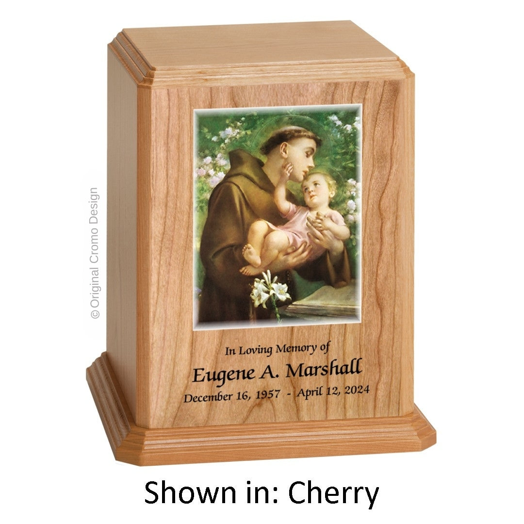 Catholic cremation urn with Saint Anthony  Cherry finish by Cromo NB
