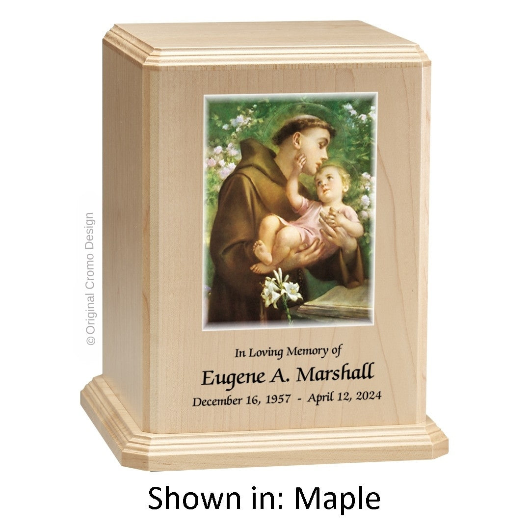 Catholic cremation urn with Saint Anthony  Maple finish by Cromo NB