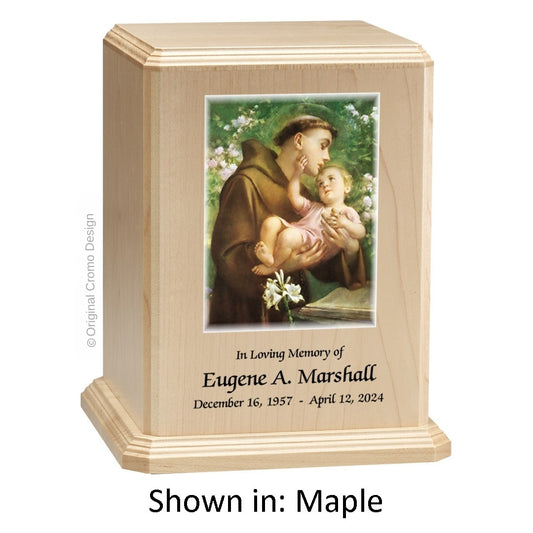 Catholic cremation urn with Saint Anthony  Maple finish by Cromo NB