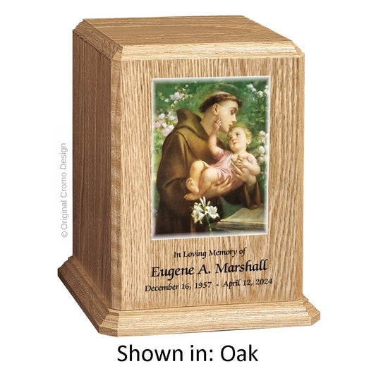 Catholic cremation urn with Saint Anthony  Oak finish by Cromo NB