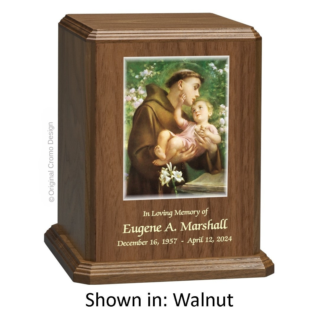 Catholic cremation urn with Saint Anthony  Walnut finish by Cromo NB