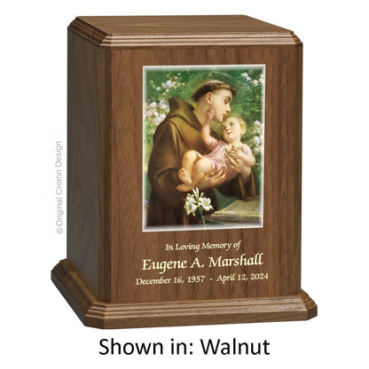 Catholic cremation urn with Saint Anthony  Walnut finish by Cromo NB
