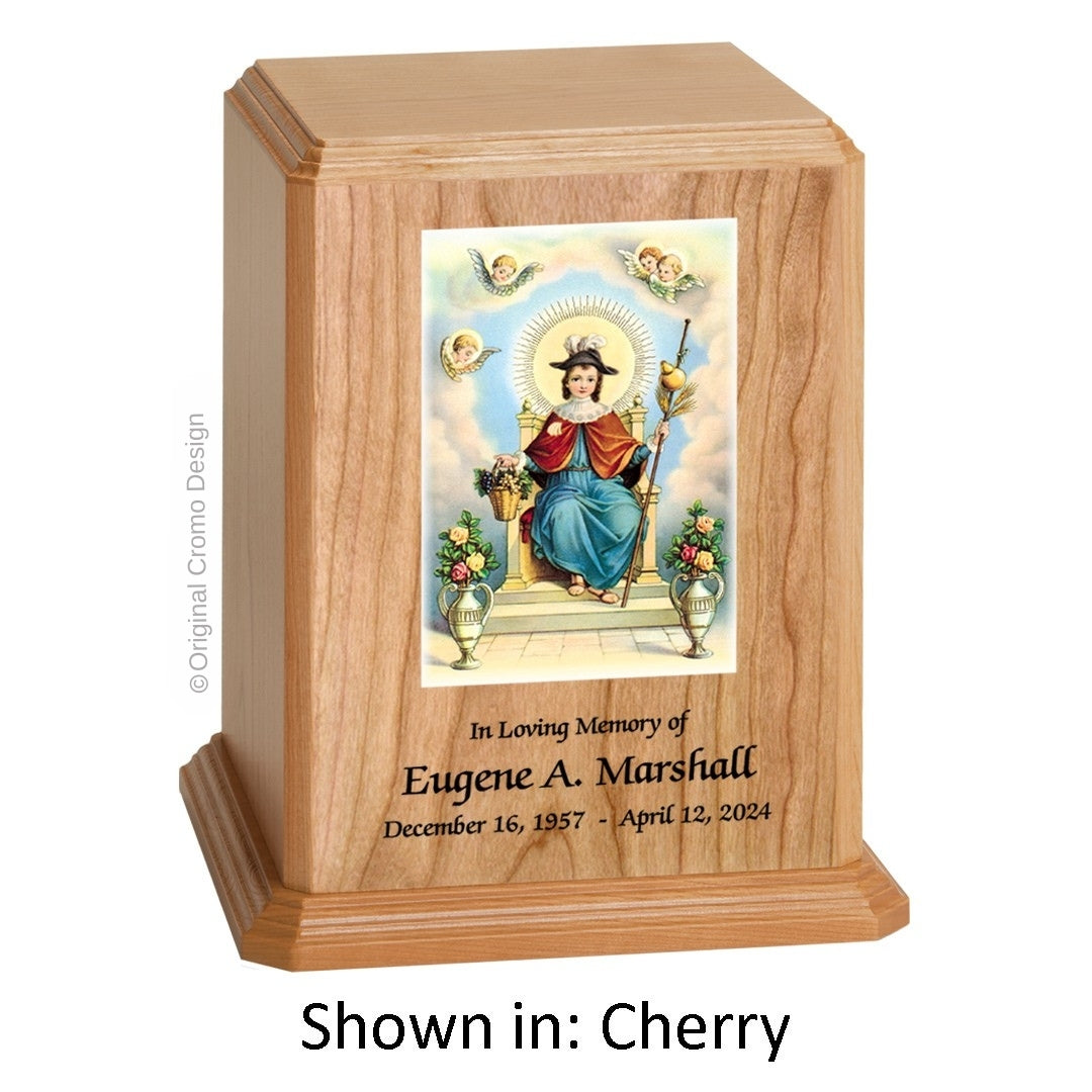 Catholic cremation urn with Child of Atocha  Wood finish by Cromo NB