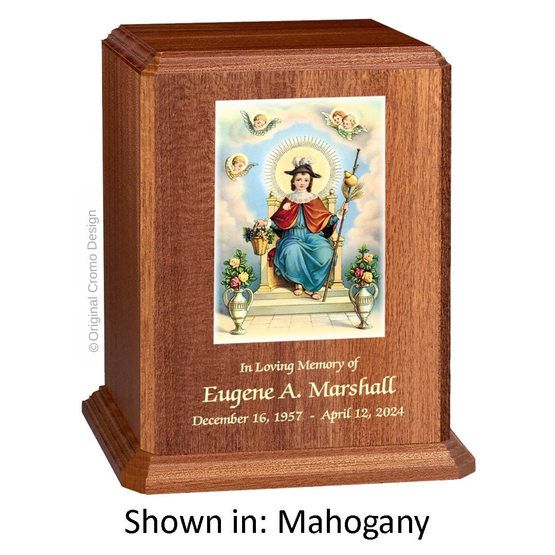 Catholic cremation urn with Child of Atocha  Wood finish by Cromo NB