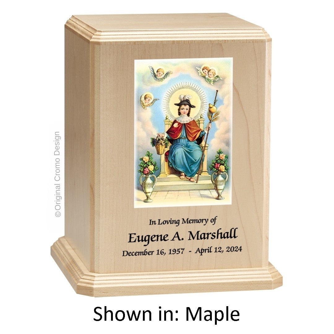 Catholic cremation urn with Child of Atocha  Wood finish by Cromo NB