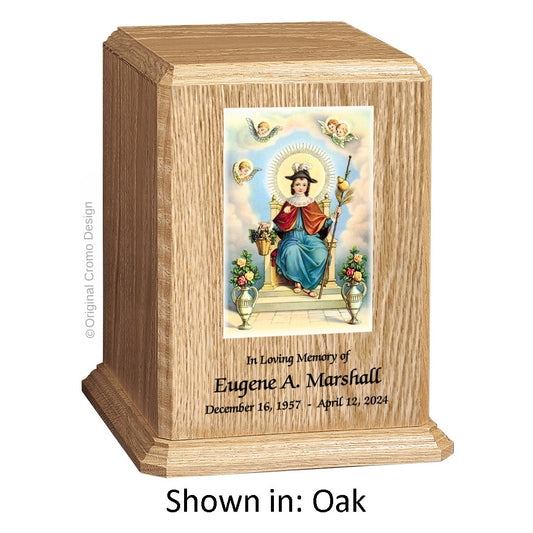 Catholic cremation urn with Child of Atocha  Wood finish by Cromo NB