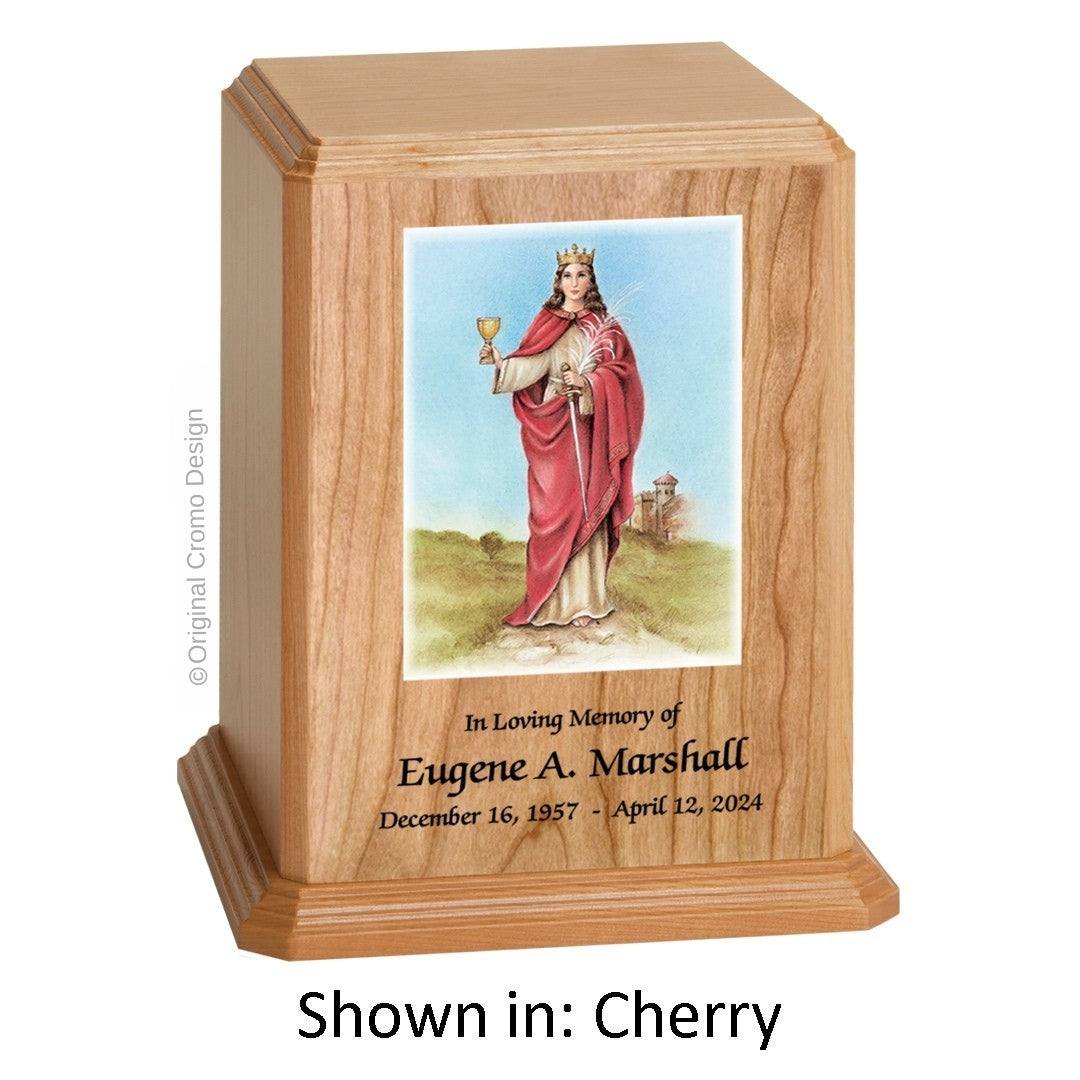 Catholic cremation urn with Our Lady of Santa Barbara  Wood finish by Cromo NB