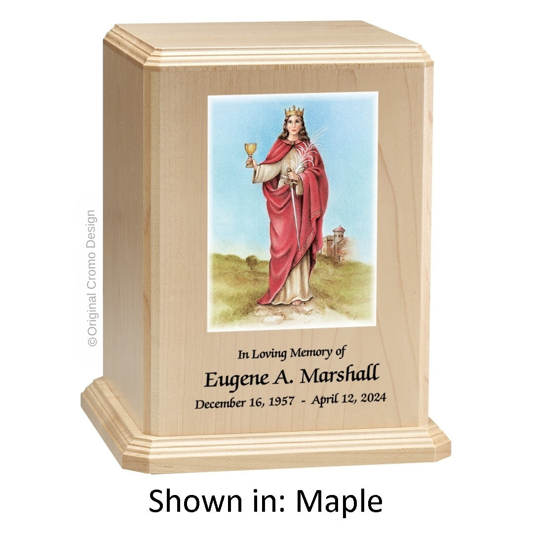 Catholic cremation urn with Our Lady of Santa Barbara  Wood finish by Cromo NB