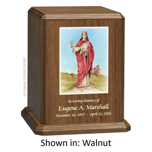 Catholic cremation urn with Our Lady of Santa Barbara  Wood finish by Cromo NB