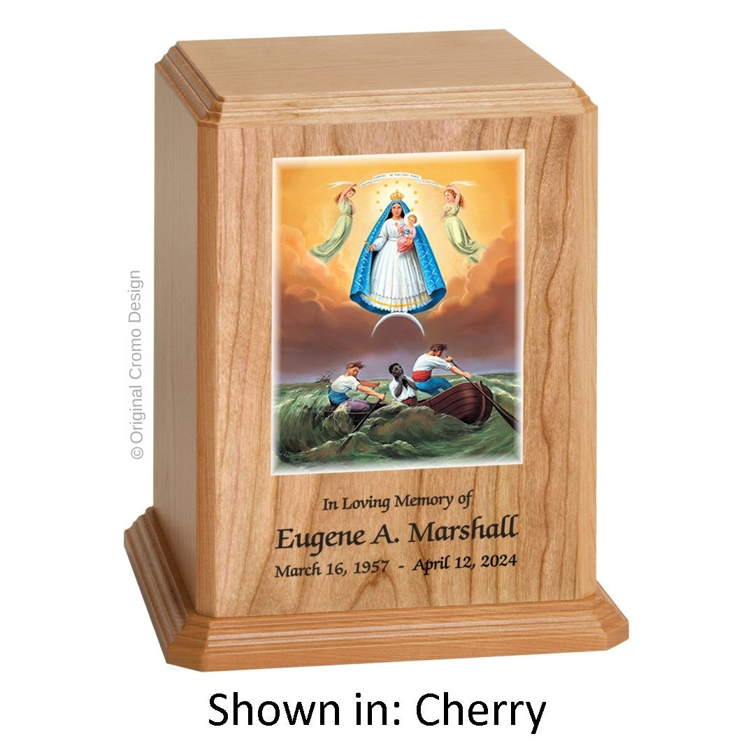 Catholic cremation urn with Our Lady of Charity  Wood finish by Cromo NB