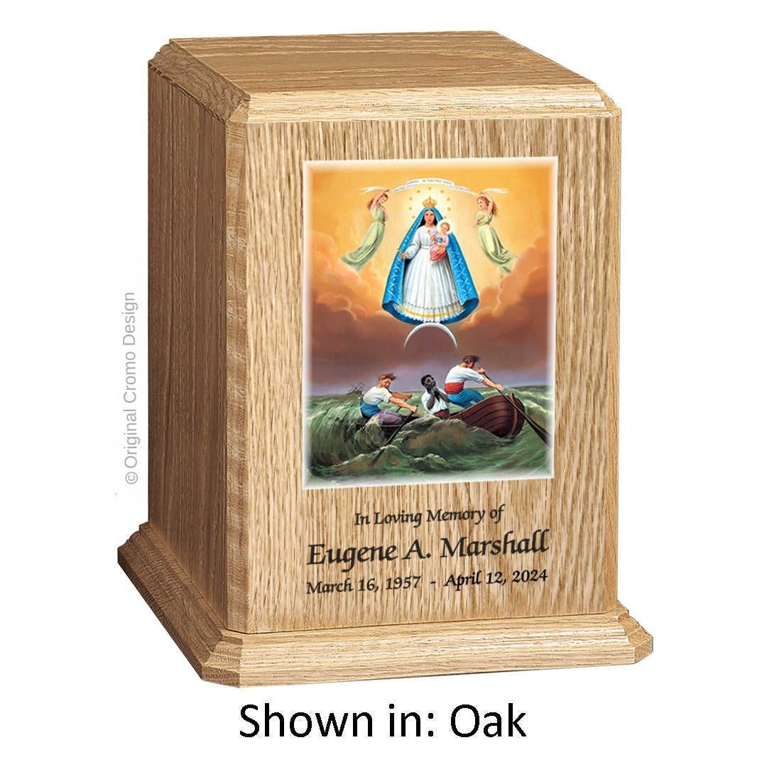 Catholic cremation urn with Our Lady of Charity  Wood finish by Cromo NB