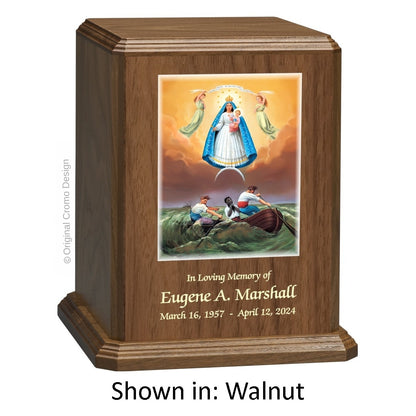 Catholic cremation urn with Divine Mercy Spanish  Wood finish by Cromo NB