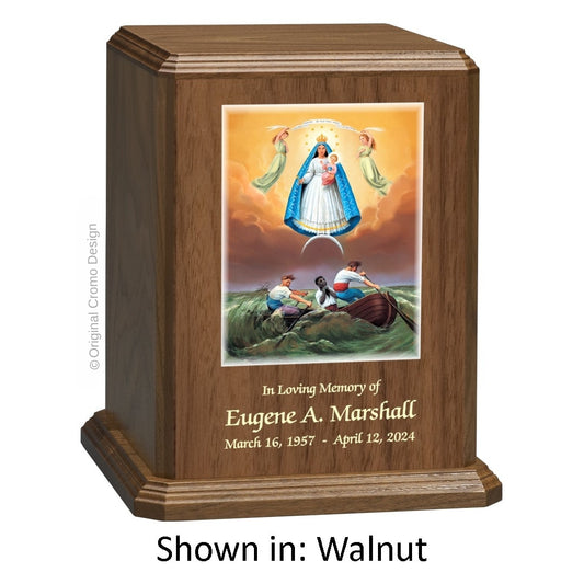 Catholic cremation urn with Divine Mercy Spanish  Wood finish by Cromo NB