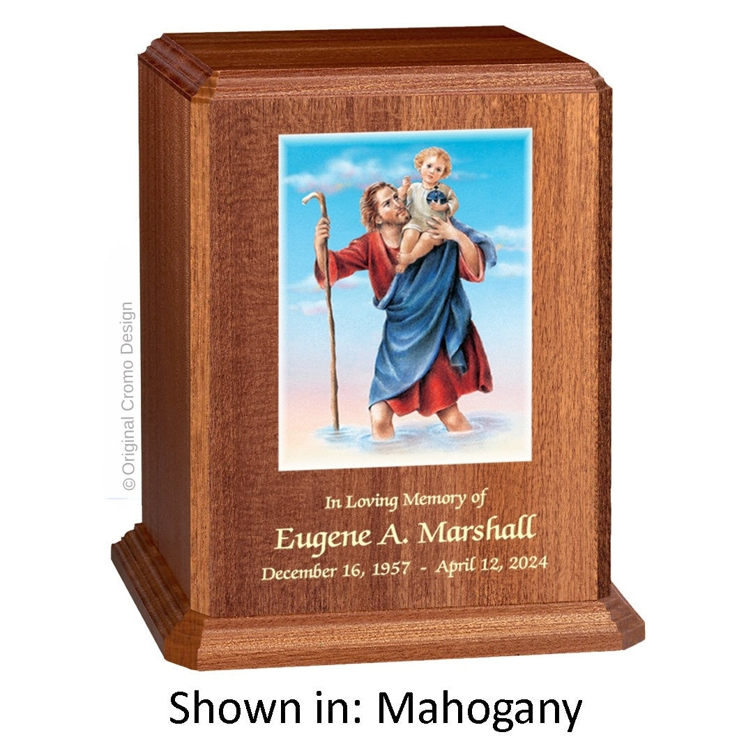Catholic cremation urn with Saint Christopher  Wood finish by Cromo NB