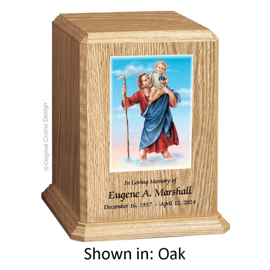 Catholic cremation urn with Saint Christopher  Wood finish by Cromo NB