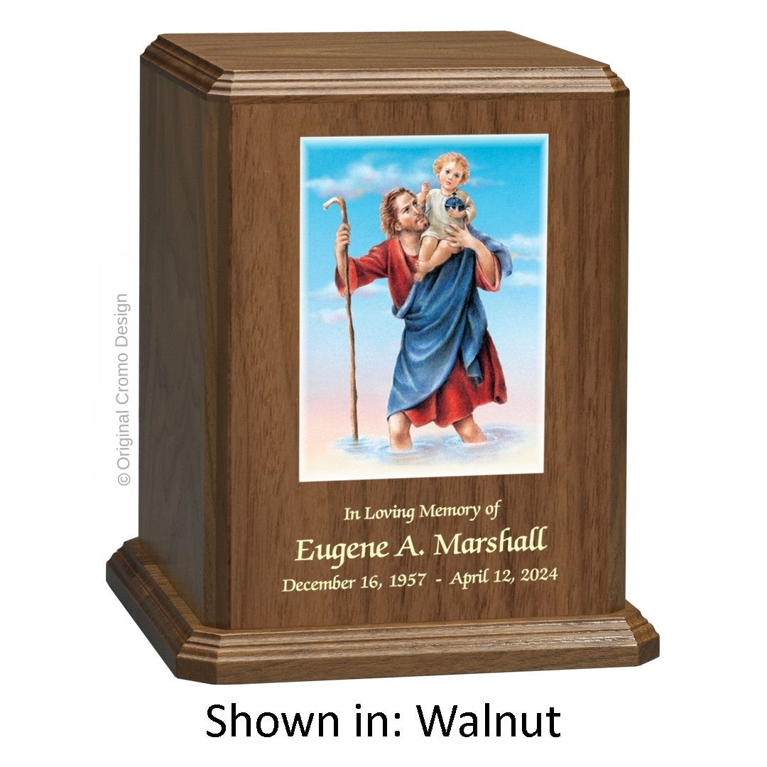 Catholic cremation urn with White Dove  Wood finish by Cromo NB