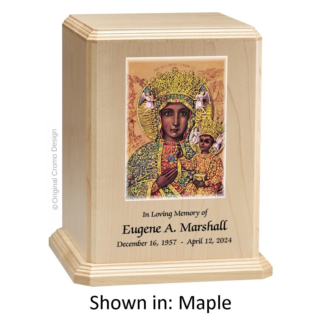 Catholic cremation urn with Our Lady of Czetechowa  Wood finish by Cromo NB