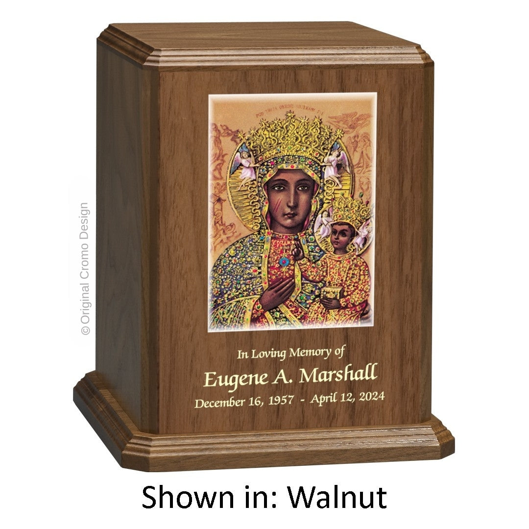 Catholic cremation urn with Our Lady of Guadalupe  Wood finish by Cromo NB