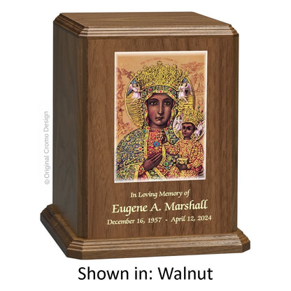 Catholic cremation urn with Our Lady of Guadalupe  Wood finish by Cromo NB