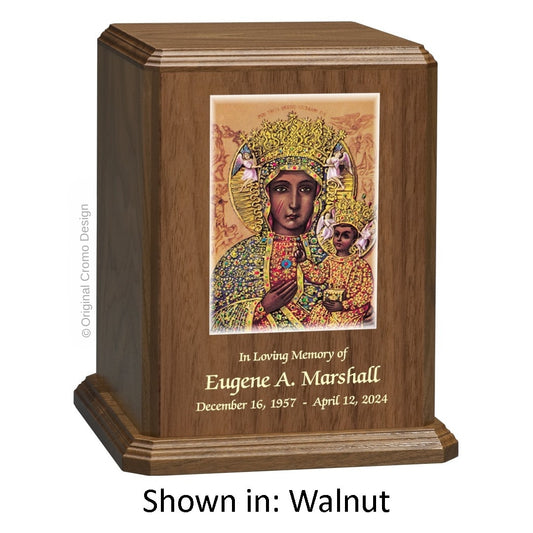 Catholic cremation urn with Our Lady of Guadalupe  Wood finish by Cromo NB