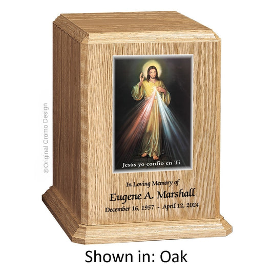 Catholic cremation urn with Divine Mercy Spanish  Wood finish by Cromo NB