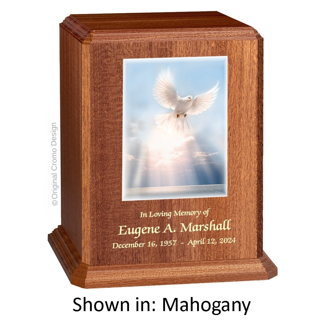 Catholic cremation urn with White Dove  Wood finish by Cromo NB