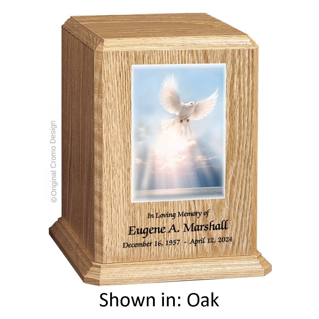 Catholic cremation urn with White Dove  Wood finish by Cromo NB