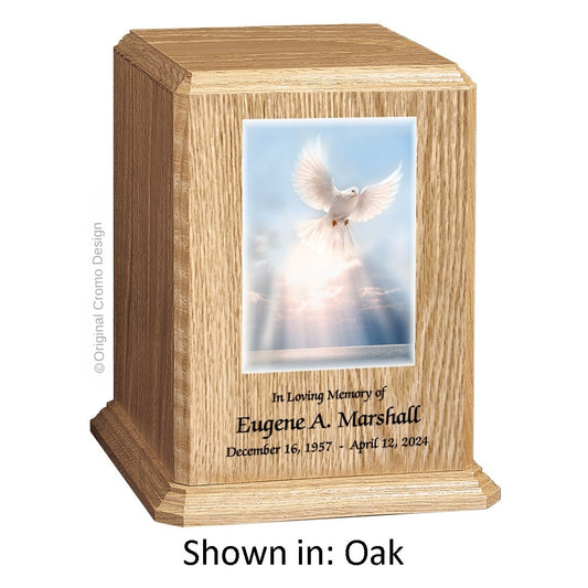 Catholic cremation urn with White Dove  Wood finish by Cromo NB