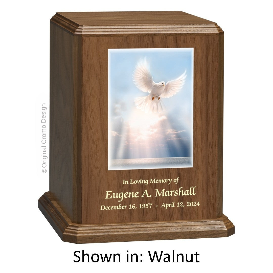 Catholic cremation urn with Our Lady of Charity  Wood finish by Cromo NB