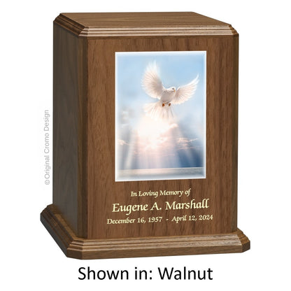 Catholic cremation urn with Our Lady of Charity  Wood finish by Cromo NB