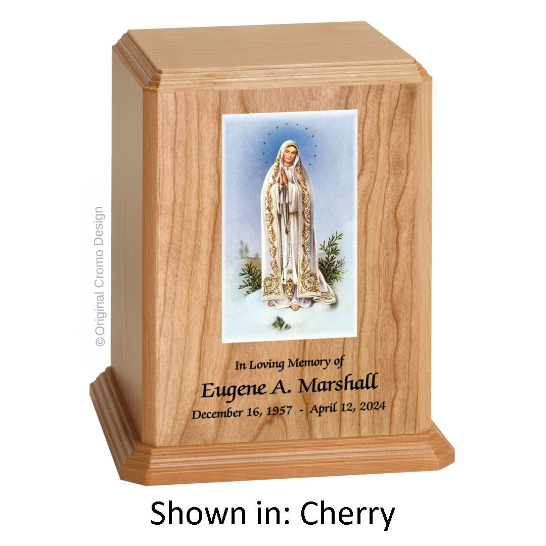 Catholic cremation urn with Our Lady of Fatima  Wood finish by Cromo NB