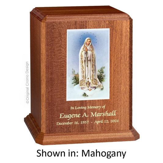 Catholic cremation urn with Our Lady of Fatima  Wood finish by Cromo NB