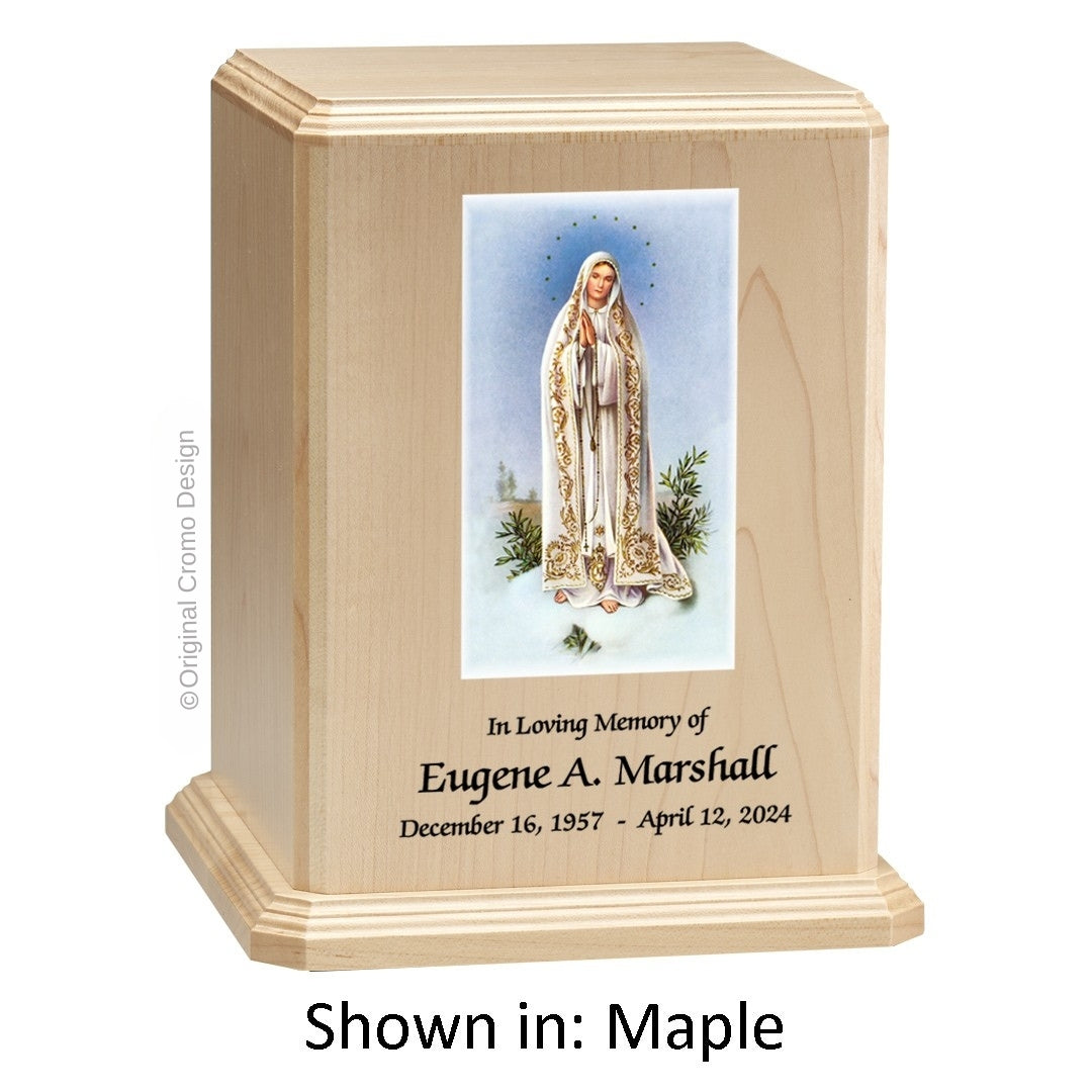 Catholic cremation urn with Our Lady of Fatima  Wood finish by Cromo NB