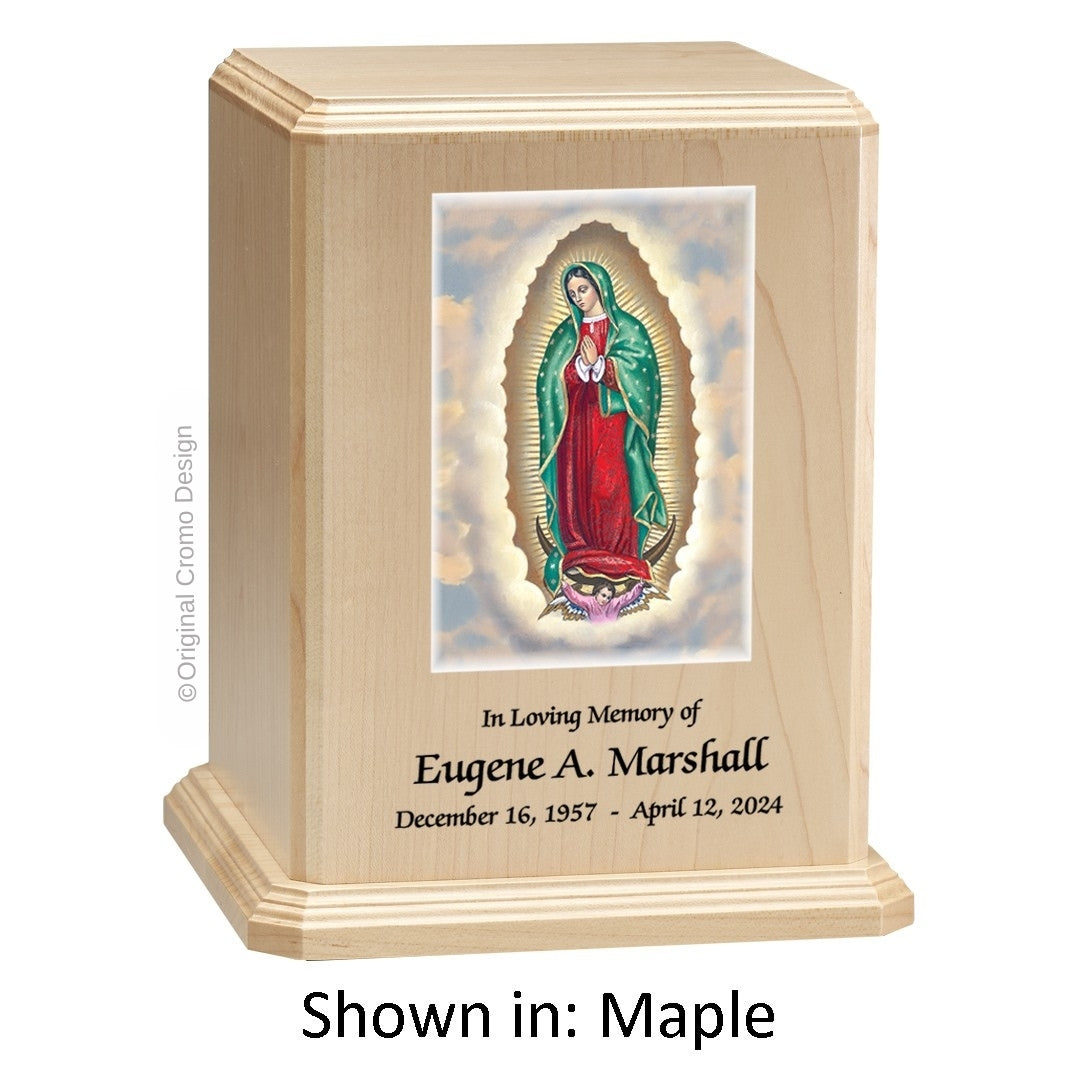 Catholic cremation urn with Our Lady of Guadalupe  Wood finish by Cromo NB