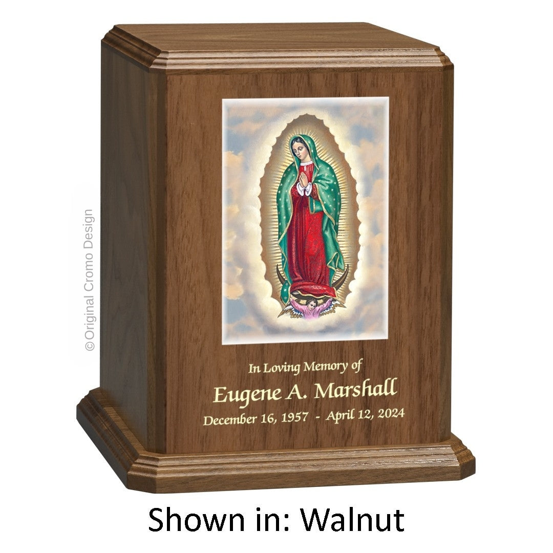 Catholic cremation urn with Immaculate Conception  Wood finish by Cromo NB