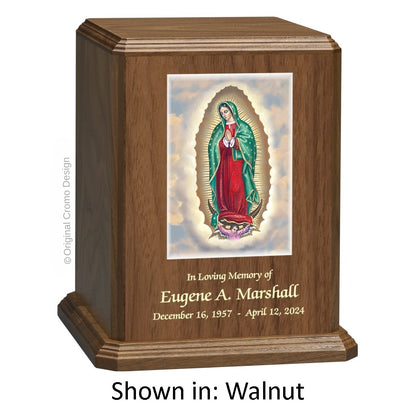 Catholic cremation urn with Immaculate Conception  Wood finish by Cromo NB