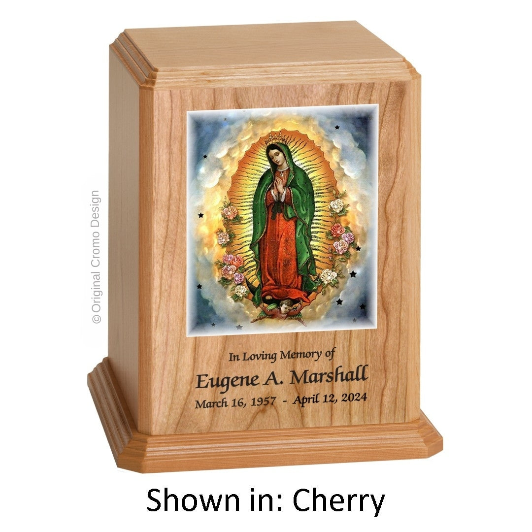 Catholic cremation urn with Our Lady of Guadalupe  Wood finish by Cromo NB