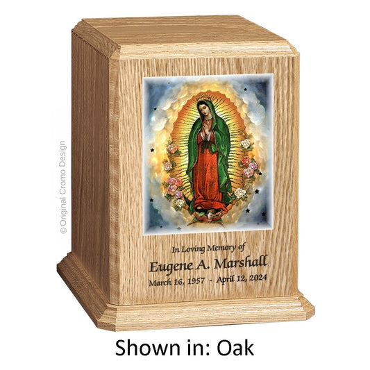 Catholic cremation urn with Our Lady of Guadalupe  Wood finish by Cromo NB