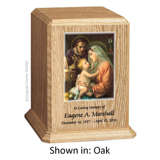 Catholic cremation urn with Holy Family  Wood finish by Cromo NB