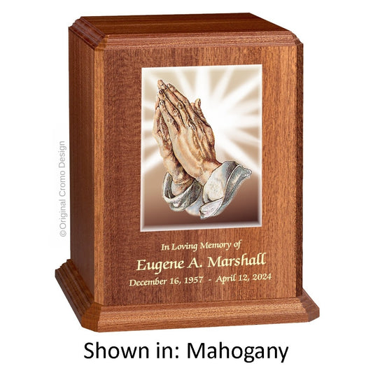 Catholic cremation urn with Praying Hands  Wood finish by Cromo NB