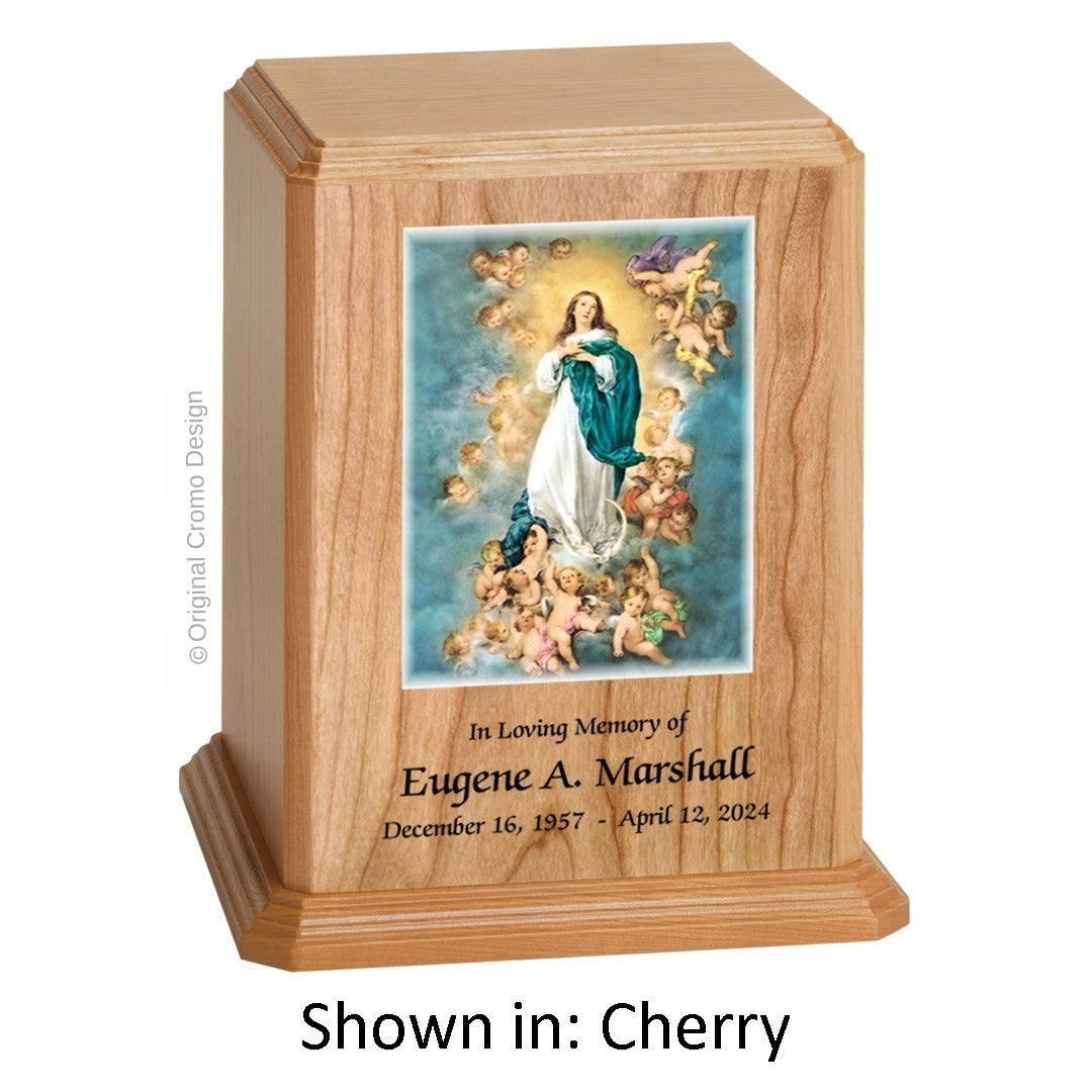 Catholic cremation urn with Immaculate Conception  Wood finish by Cromo NB