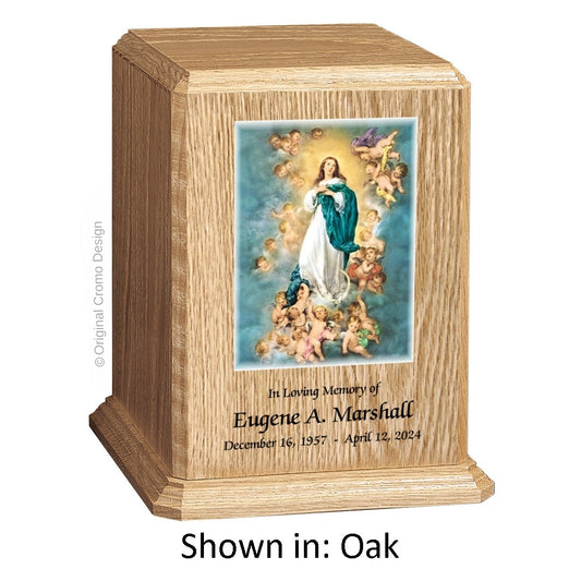 Catholic cremation urn with Immaculate Conception  Wood finish by Cromo NB