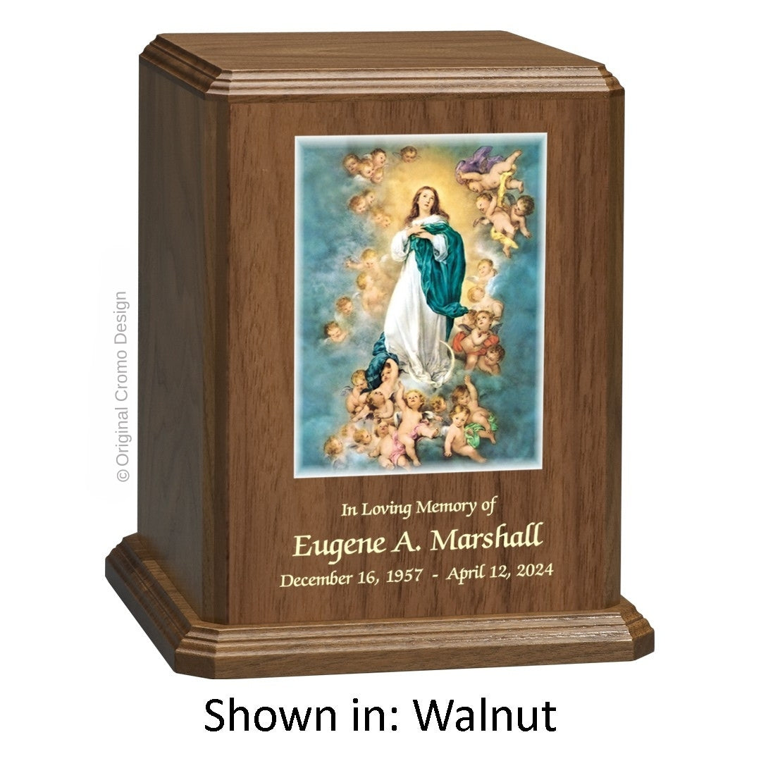 Catholic cremation urn with Our Lady of San Juan de Lagos  Wood finish by Cromo NB