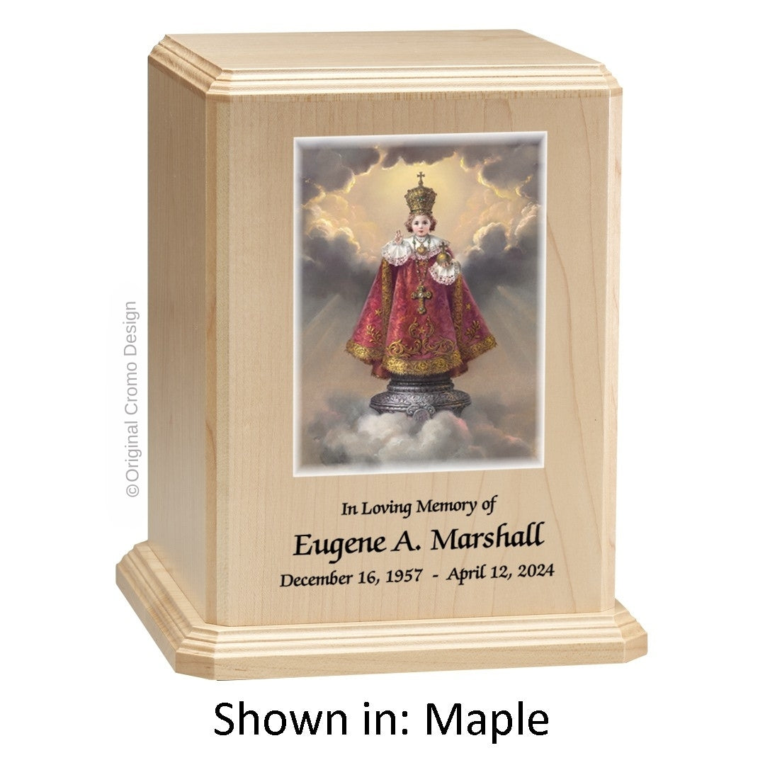 Catholic cremation urn with Immaculate Conception  Wood finish by Cromo NB