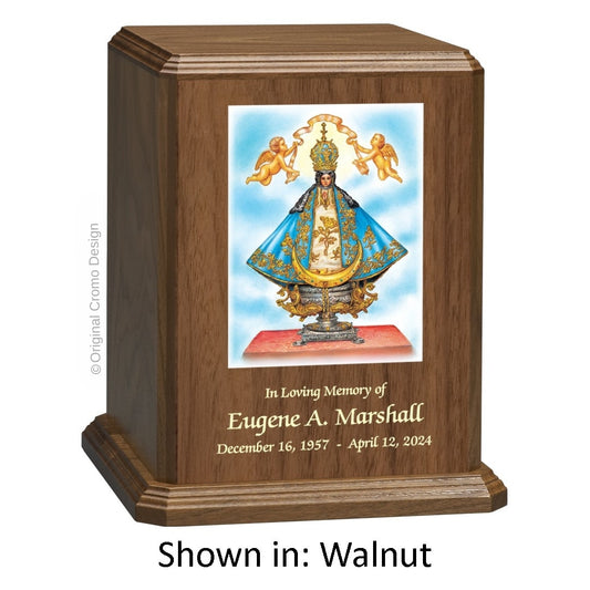 Catholic cremation urn with Jesus Shepherd  Wood finish by Cromo NB