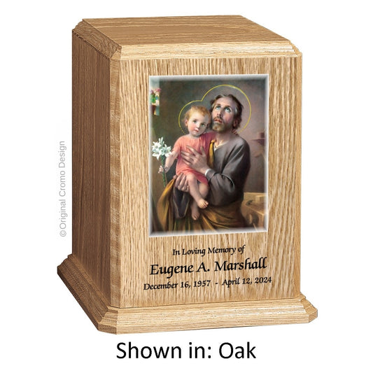 Catholic cremation urn with Our Lady of San Juan de Lagos  Wood finish by Cromo NB